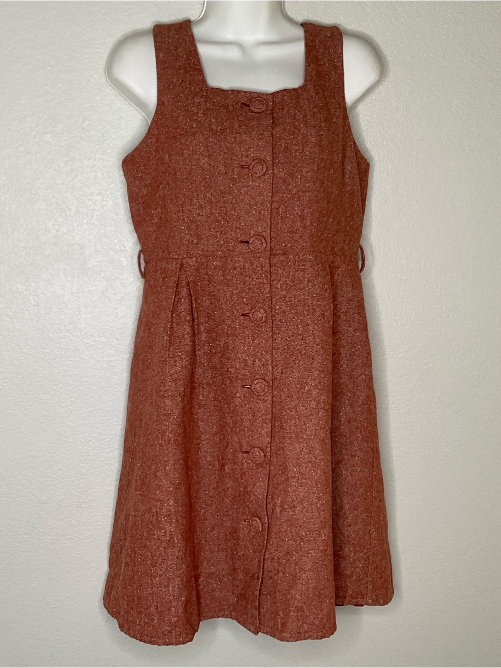Nadinoo Rust Orange Pinafore Dress Sleeveless Button-Front Wool dress Size S